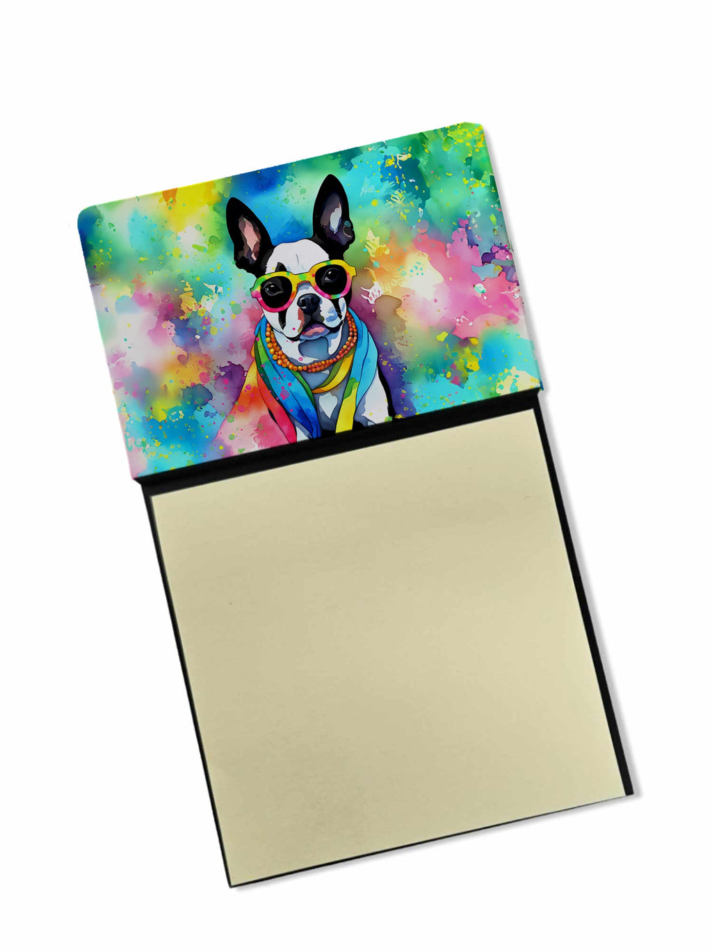 Boston Terrier Hippie Dawg Watercolor Sticky Note Holder Refillable Dispenser Desk Accessory 3x3 Pad Gift