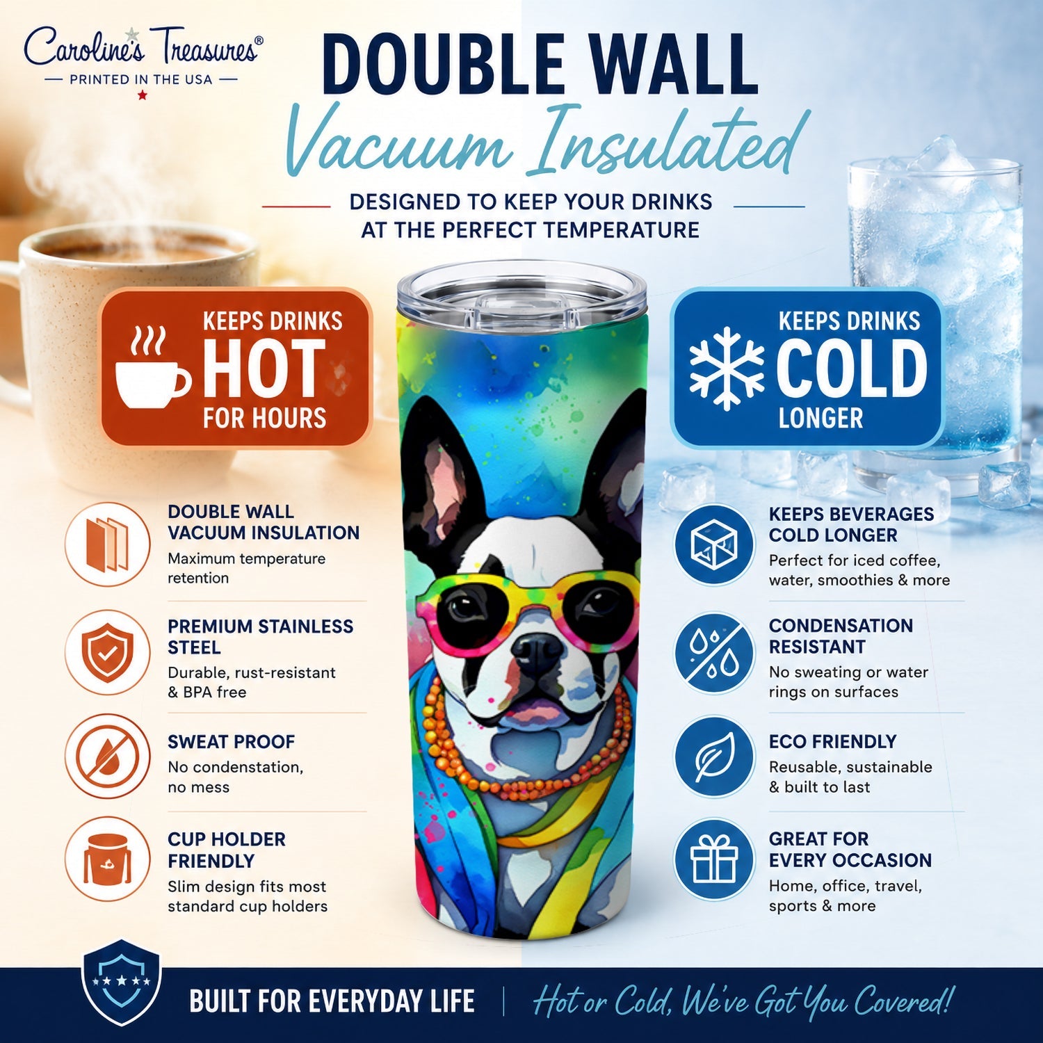 Boston Terrier Hippie Dawg Stainless Steel Skinny Tumbler 20 oz Vacuum Double Walled Reusable Insulated Travel Cup