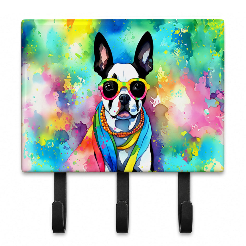 Boston Terrier Hippie Dawg Leash or Key Holder Wall Hooks, Coat Rack Wall Mount, for Hanging Keys, Towels, Aprons, Leashes