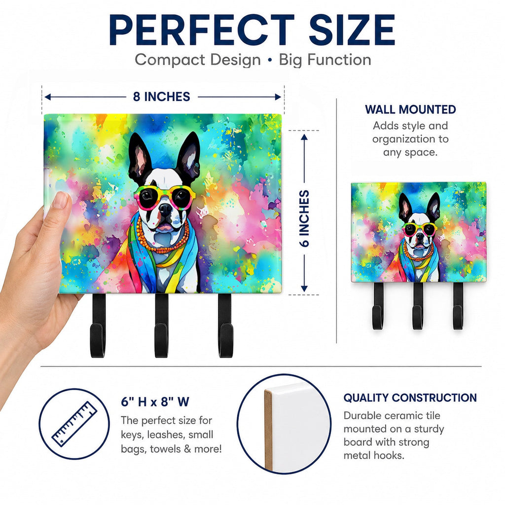 Boston Terrier Hippie Dawg Leash or Key Holder Wall Hooks, Coat Rack Wall Mount, for Hanging Keys, Towels, Aprons, Leashes