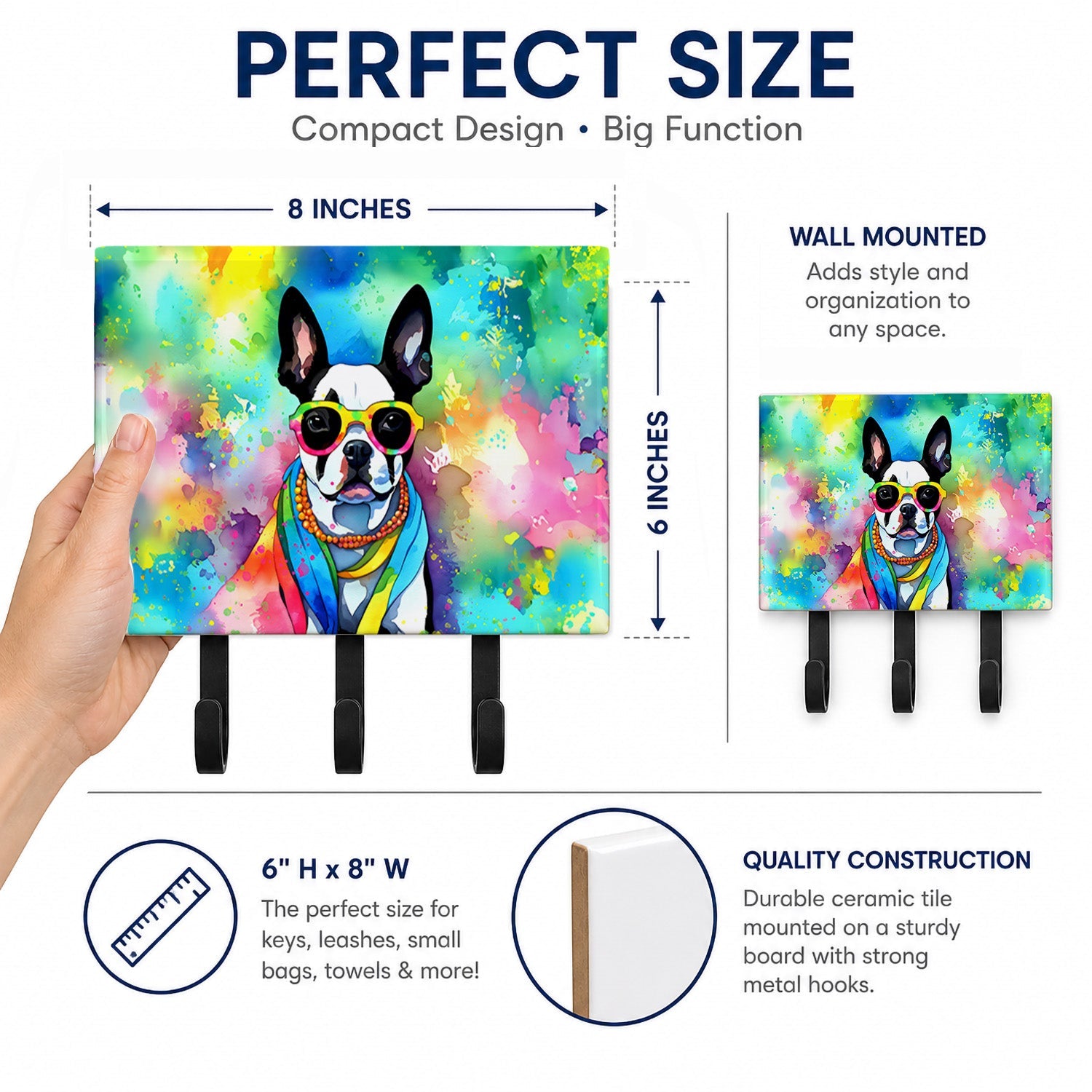 Boston Terrier Hippie Dawg Leash or Key Holder Wall Hooks, Coat Rack Wall Mount, for Hanging Keys, Towels, Aprons, Leashes