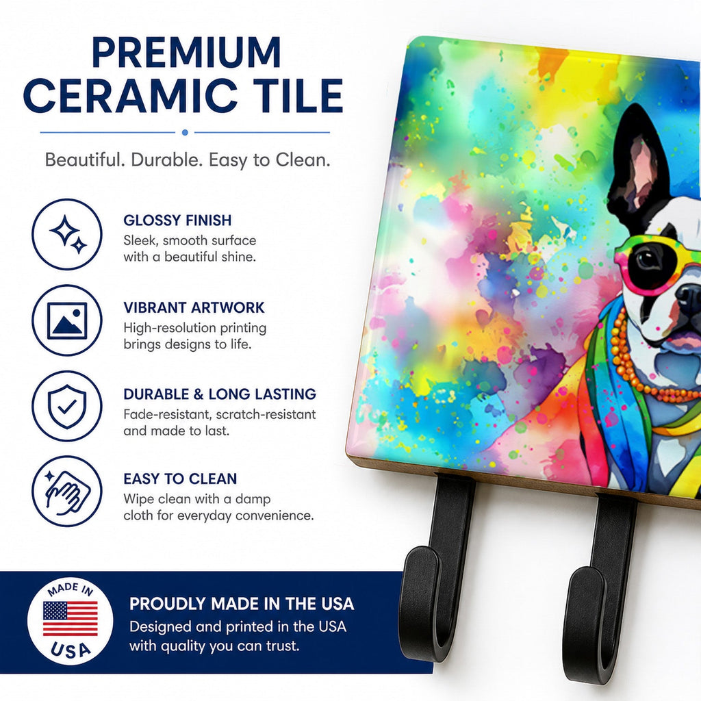 Boston Terrier Hippie Dawg Leash or Key Holder Wall Hooks, Coat Rack Wall Mount, for Hanging Keys, Towels, Aprons, Leashes