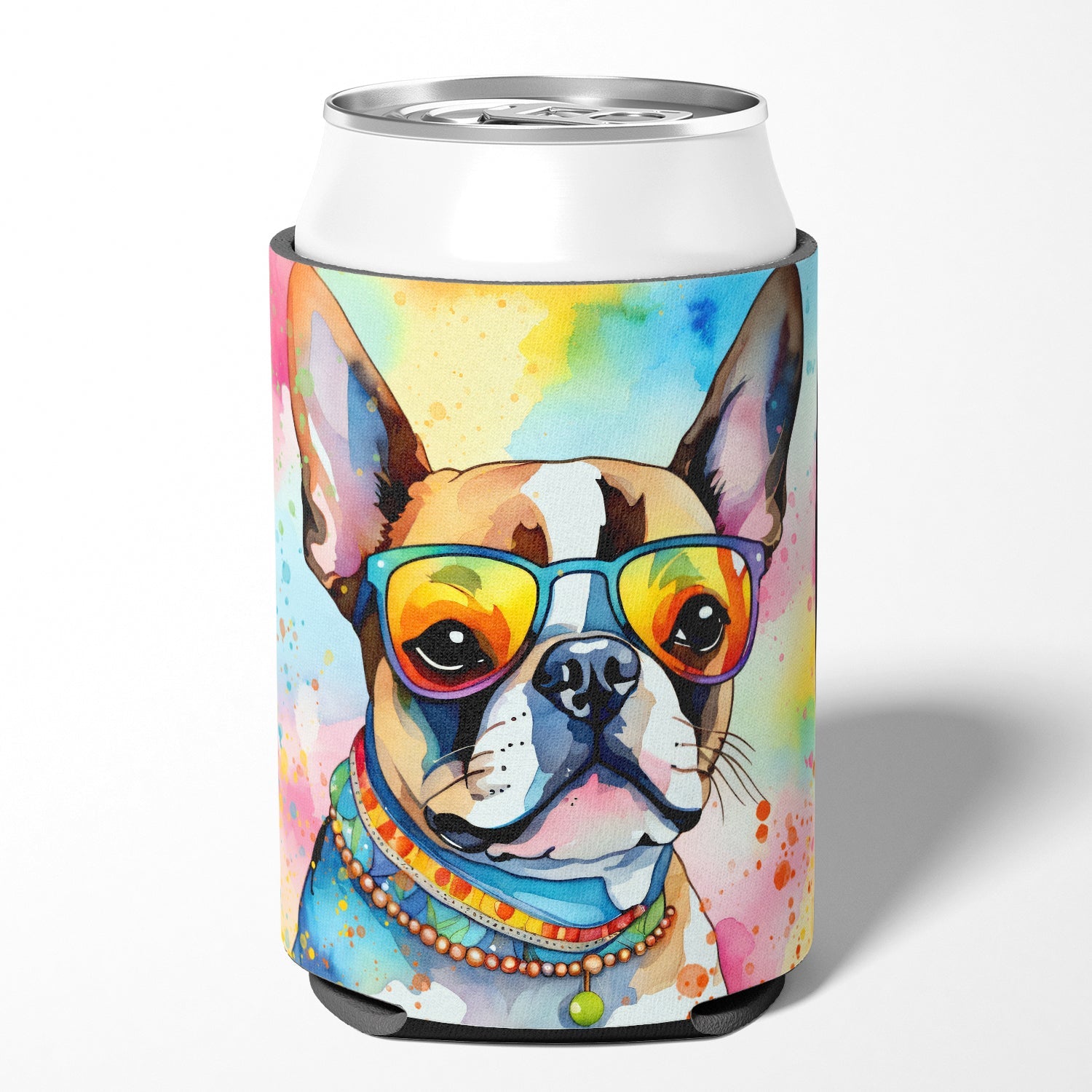 Boston Terrier Hippie Dawg Can or Bottle Hugger Cooler Sleeve for Standard 12 oz Cans, Insulated Foam Beer & Soda Can Hugger Reusable