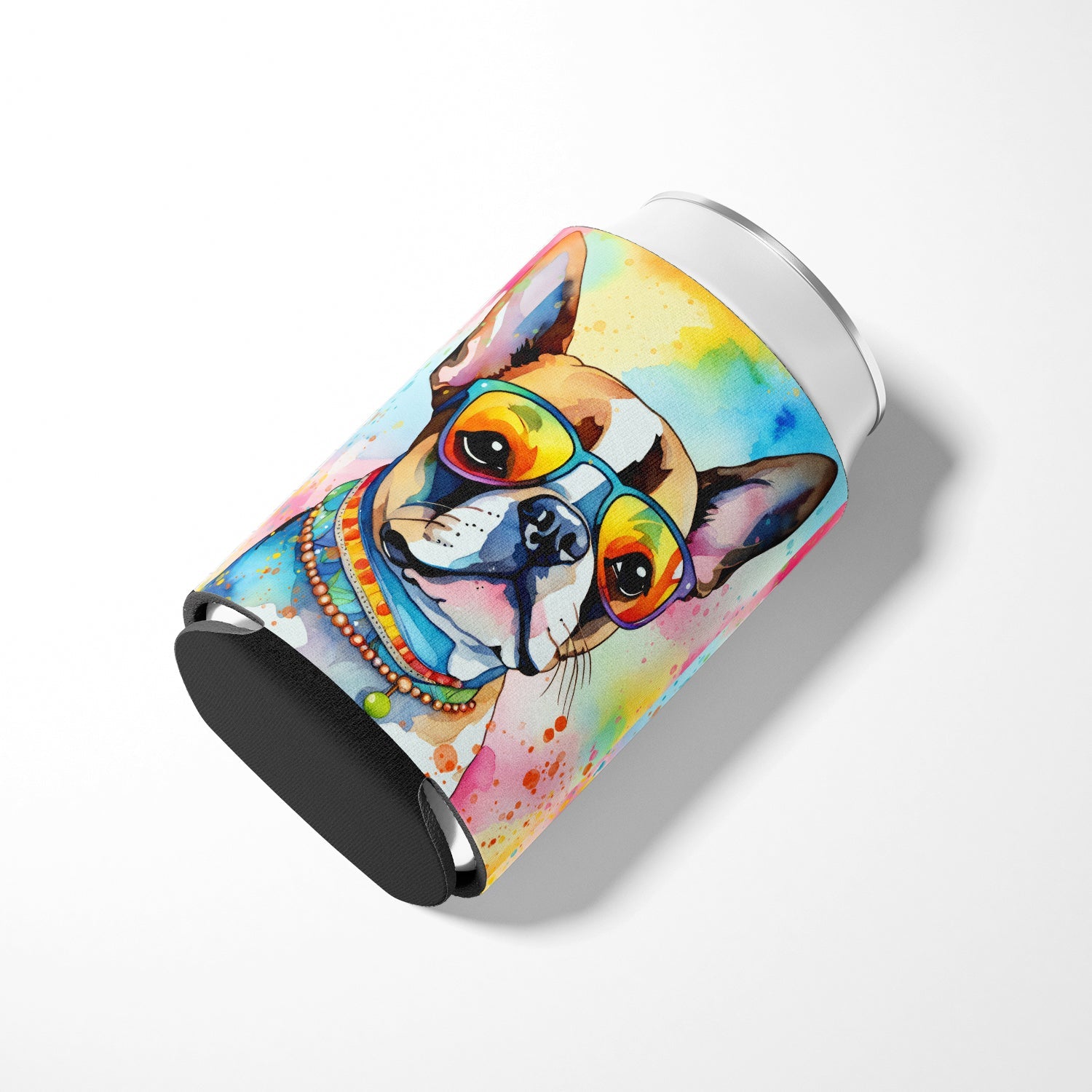 Boston Terrier Hippie Dawg Can or Bottle Hugger Cooler Sleeve for Standard 12 oz Cans, Insulated Foam Beer & Soda Can Hugger Reusable