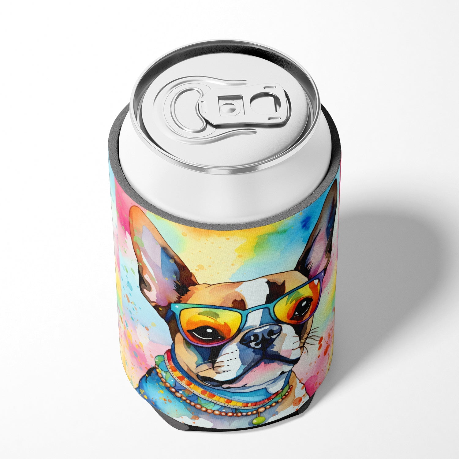 Boston Terrier Hippie Dawg Can or Bottle Hugger Cooler Sleeve for Standard 12 oz Cans, Insulated Foam Beer & Soda Can Hugger Reusable