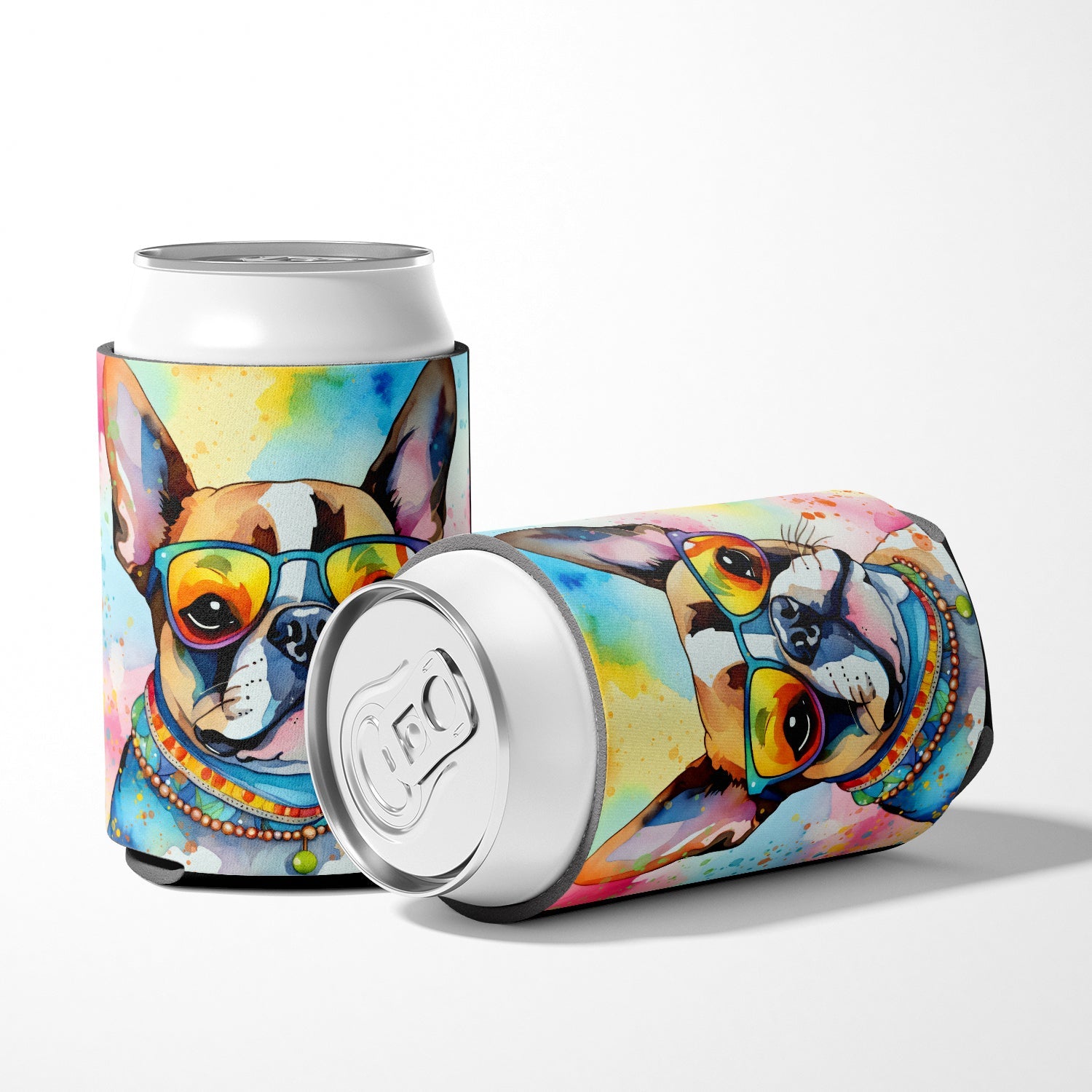 Boston Terrier Hippie Dawg Can or Bottle Hugger Cooler Sleeve for Standard 12 oz Cans, Insulated Foam Beer & Soda Can Hugger Reusable