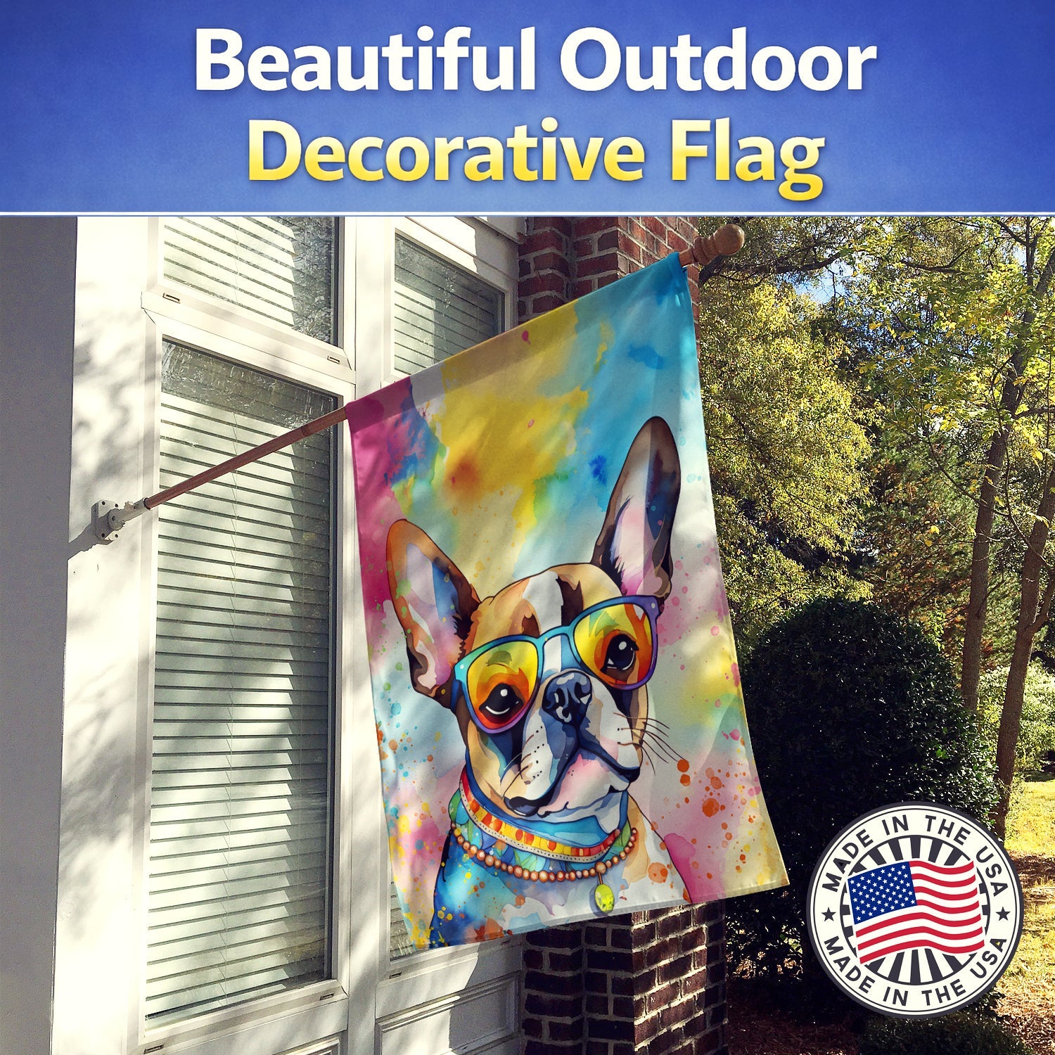 Boston Terrier Hippie Dawg House Flag 28x40 Porch Sleeve Pole Decorative Outside Yard Banner Artwork Wall Hanging, Polyester