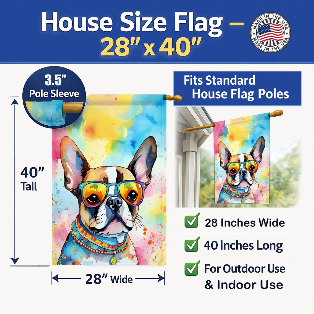 Boston Terrier Hippie Dawg House Flag 28x40 Porch Sleeve Pole Decorative Outside Yard Banner Artwork Wall Hanging, Polyester