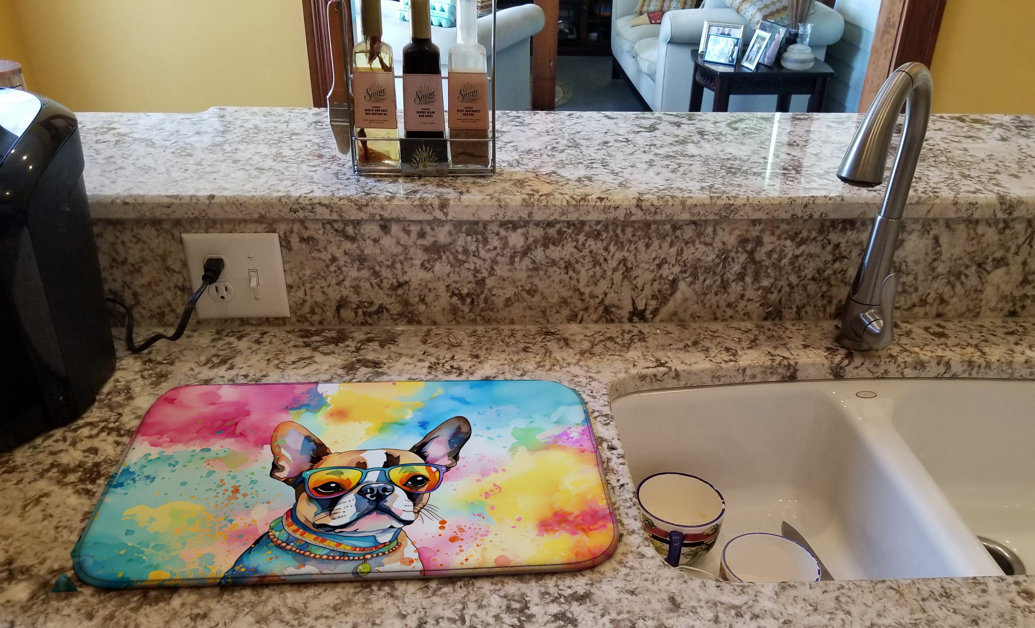 Boston Terrier Hippie Dawg Dish Drying Mat Absorbent Dish Drying Mat Pad for Kitchen Counter Dish Drainer Mat for Countertop, 14 x 21", Multicolor