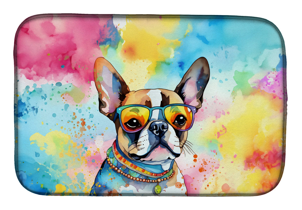 Boston Terrier Hippie Dawg Dish Drying Mat Absorbent Dish Drying Mat Pad for Kitchen Counter Dish Drainer Mat for Countertop, 14 x 21", Multicolor