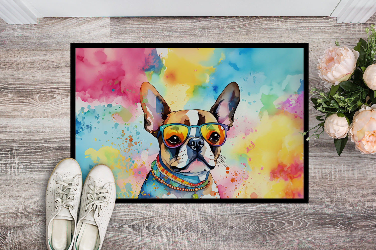 Boston Terrier Hippie Dawg Doormat Indoor Outdoor 24H X 36W Front Door Mat Rugs for Entryway, Non Slip Washable Low Pile,