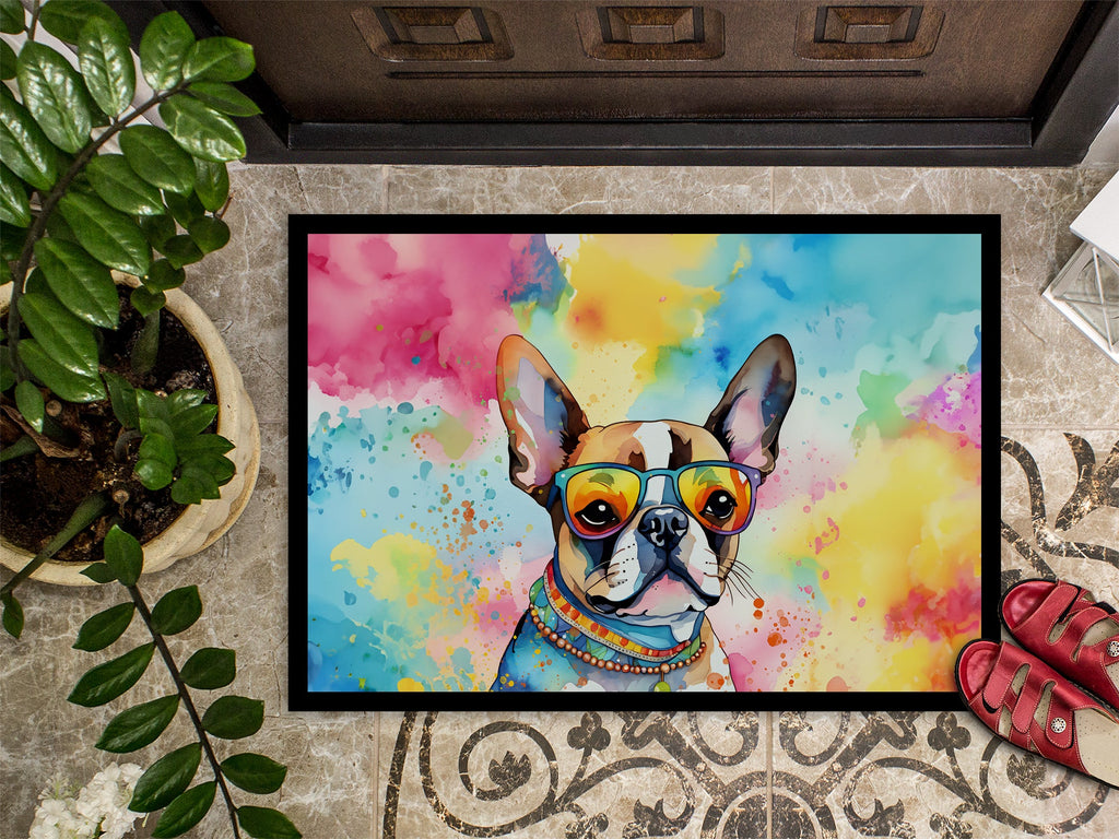 Boston Terrier Hippie Dawg Doormat Indoor Outdoor 24H X 36W Front Door Mat Rugs for Entryway, Non Slip Washable Low Pile,