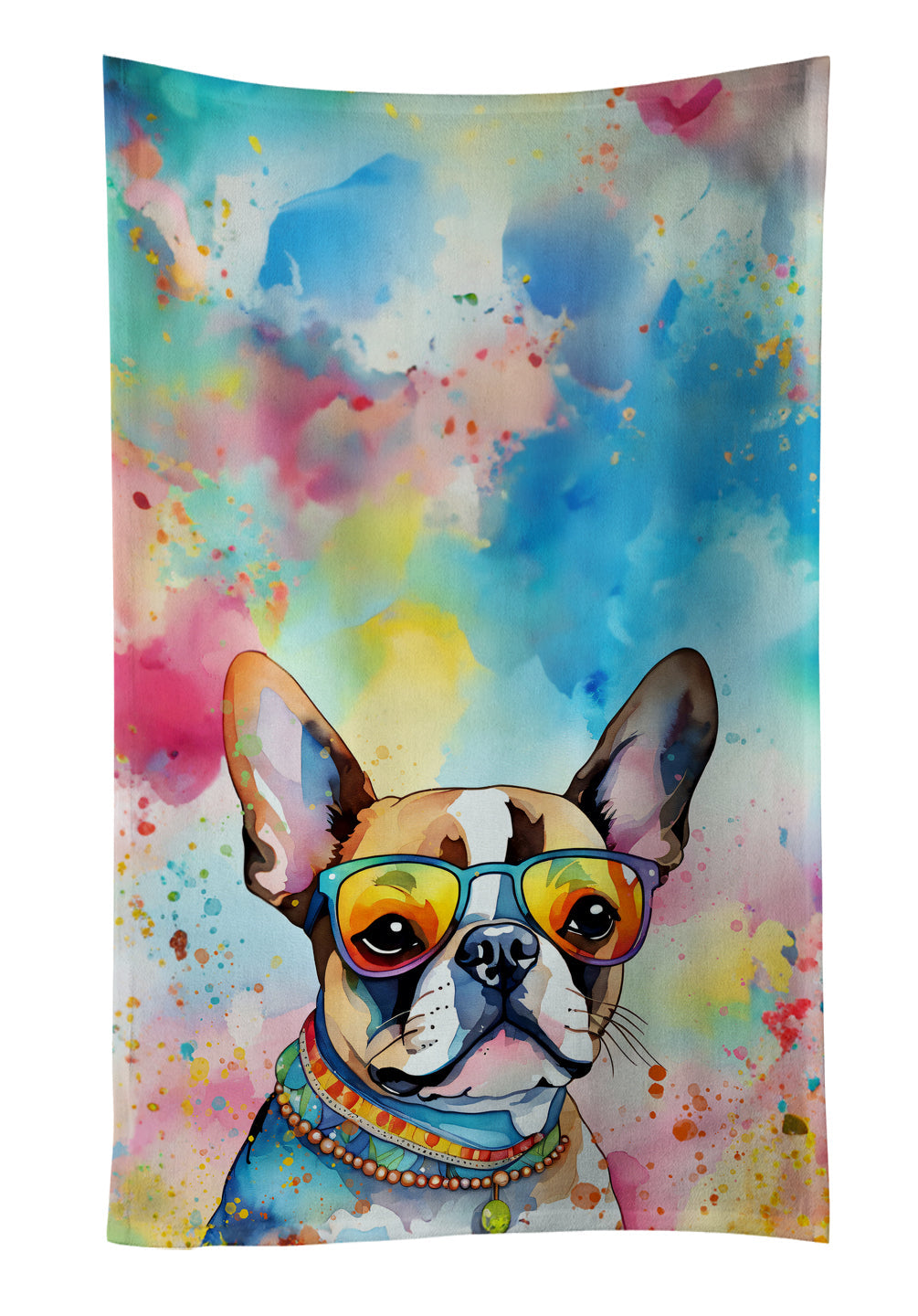Boston Terrier Hippie Dawg Kitchen Towel Velour Plush Front and Cotton Loop Back Machine Washable