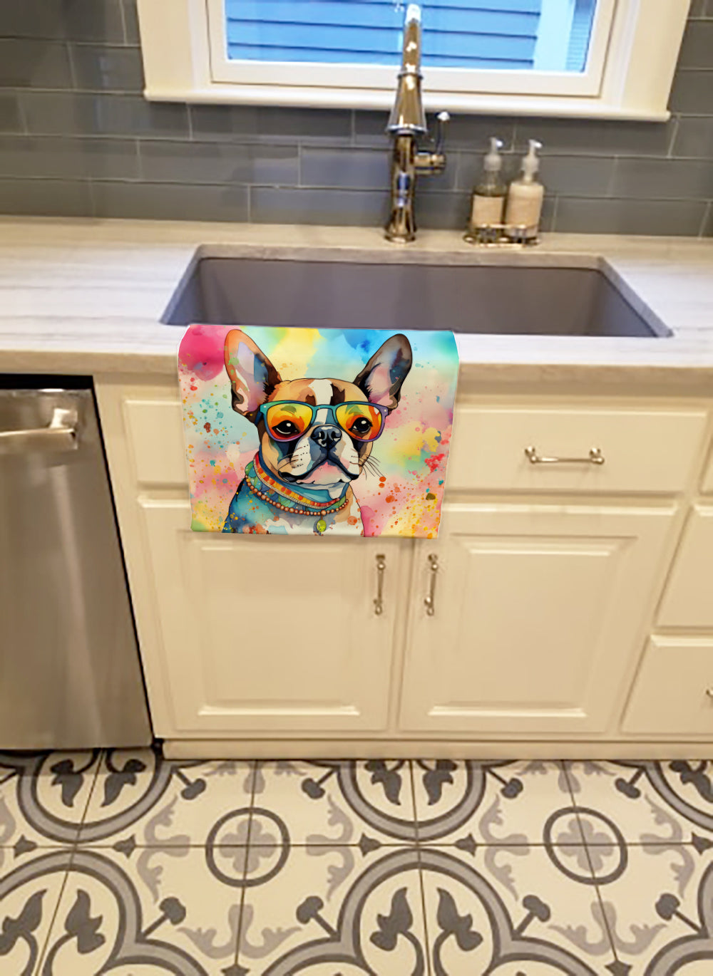 Boston Terrier Hippie Dawg Kitchen Towel Velour Plush Front and Cotton Loop Back Machine Washable