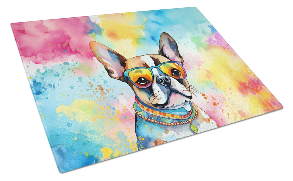 Boston Terrier Hippie Dawg Cutting Board Tempered Glass Kitchen Cutting Surface, Heat Resistant Chopping, Non-Slip Feet, Food Prep & Serving