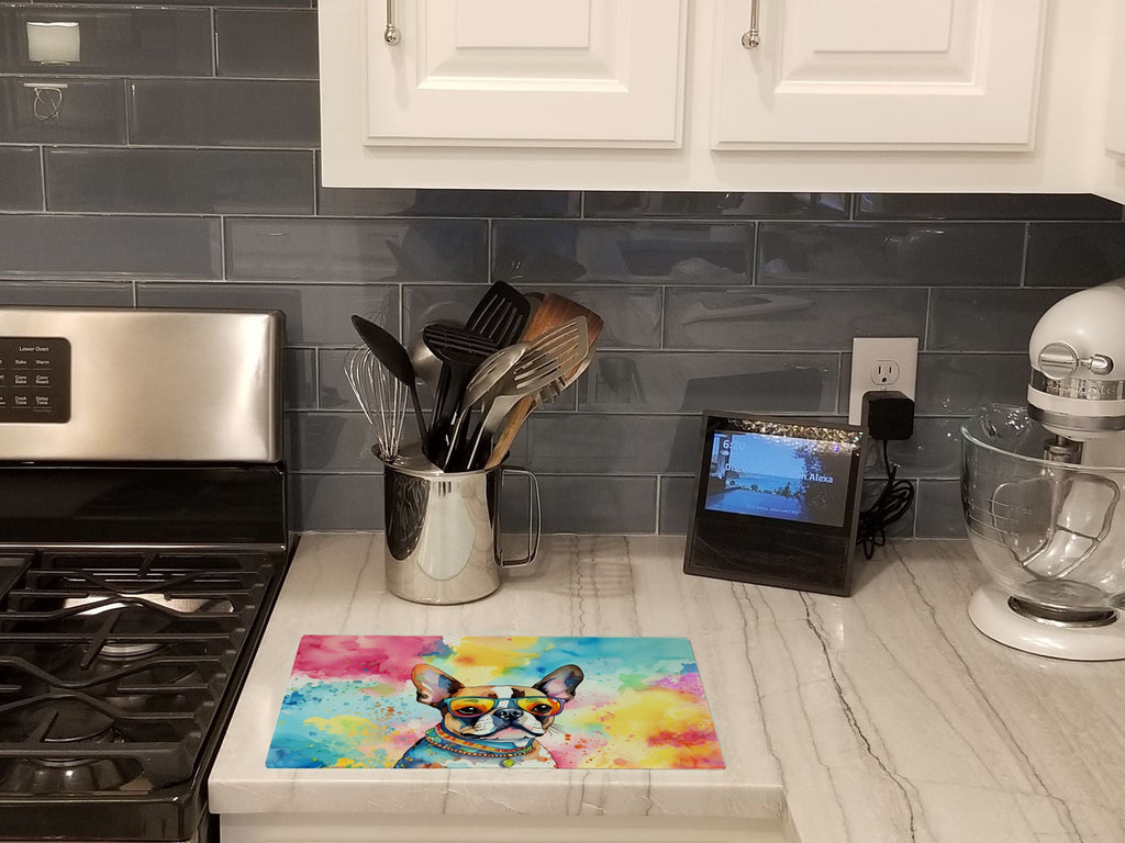 Boston Terrier Hippie Dawg Cutting Board Tempered Glass Kitchen Cutting Surface, Heat Resistant Chopping, Non-Slip Feet, Food Prep & Serving