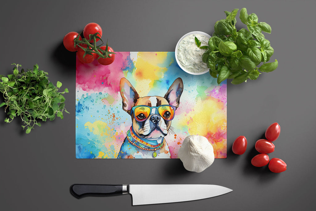 Boston Terrier Hippie Dawg Cutting Board Tempered Glass Kitchen Cutting Surface, Heat Resistant Chopping, Non-Slip Feet, Food Prep & Serving