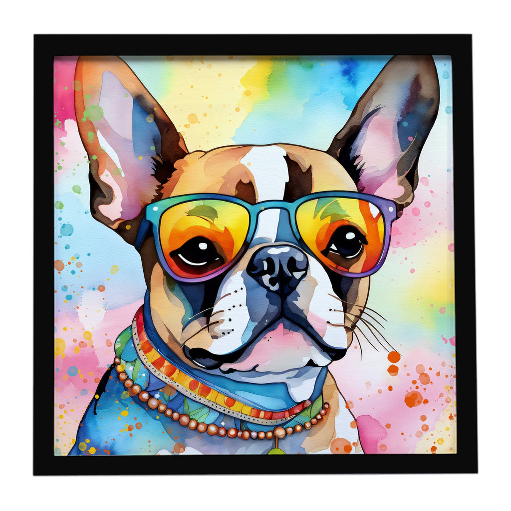 Boston Terrier Hippie Dawg Framed Metal Print Bathroom, Kitchen, Office, Home Decor Wall Art Ready to Hang, Square, 8X8