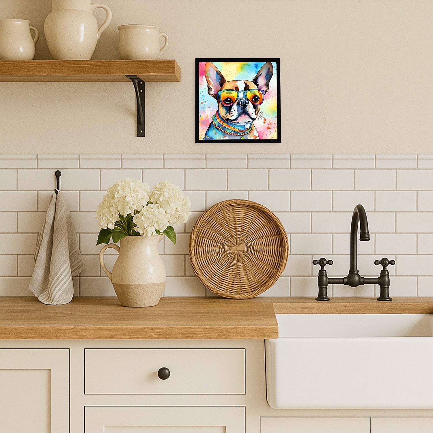 Boston Terrier Hippie Dawg Framed Metal Print Bathroom, Kitchen, Office, Home Decor Wall Art Ready to Hang, Square, 8X8
