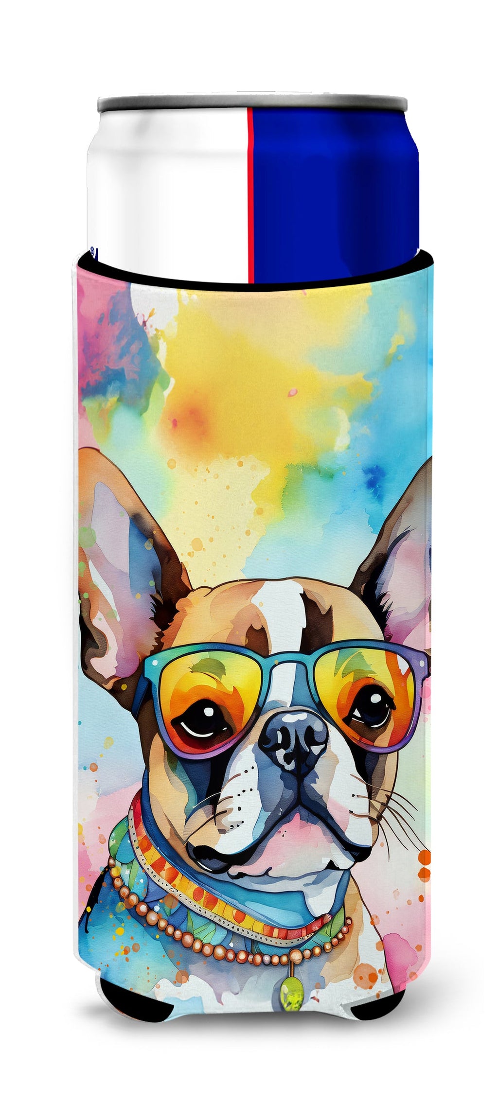 Boston Terrier Hippie Dawg Slim Can Hugger , Insulated Foam Hugger for 12 oz Slim Cans, Beer Bottles & Water Bottles, Printed in USA