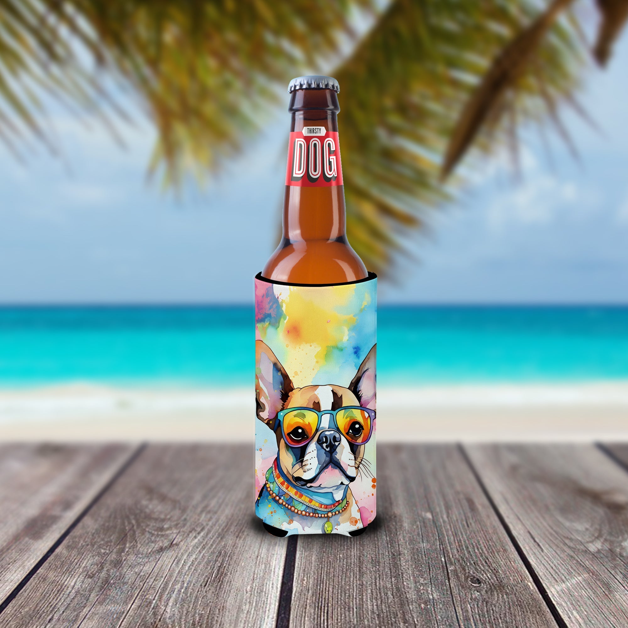 Boston Terrier Hippie Dawg Slim Can Hugger , Insulated Foam Hugger for 12 oz Slim Cans, Beer Bottles & Water Bottles, Printed in USA