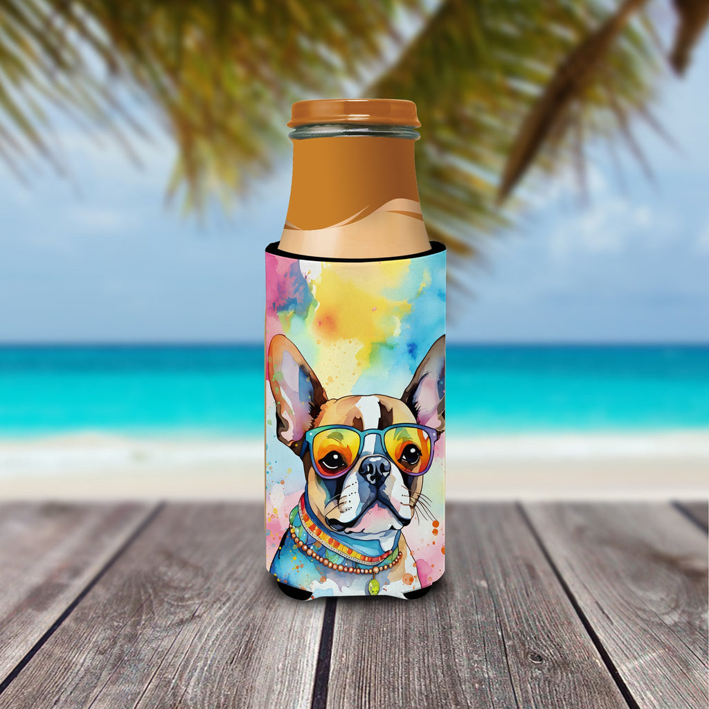 Boston Terrier Hippie Dawg Slim Can Hugger , Insulated Foam Hugger for 12 oz Slim Cans, Beer Bottles & Water Bottles, Printed in USA