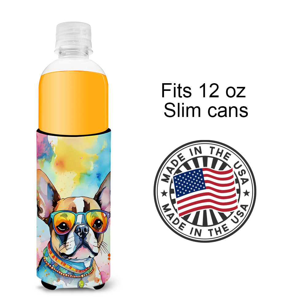 Boston Terrier Hippie Dawg Slim Can Hugger , Insulated Foam Hugger for 12 oz Slim Cans, Beer Bottles & Water Bottles, Printed in USA