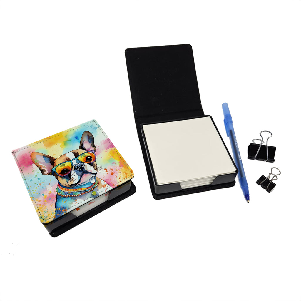 Boston Terrier Hippie Dawg PU Leather Note Paper Holder with Artist-Designed Cover, Desk Accessory, Office Gift