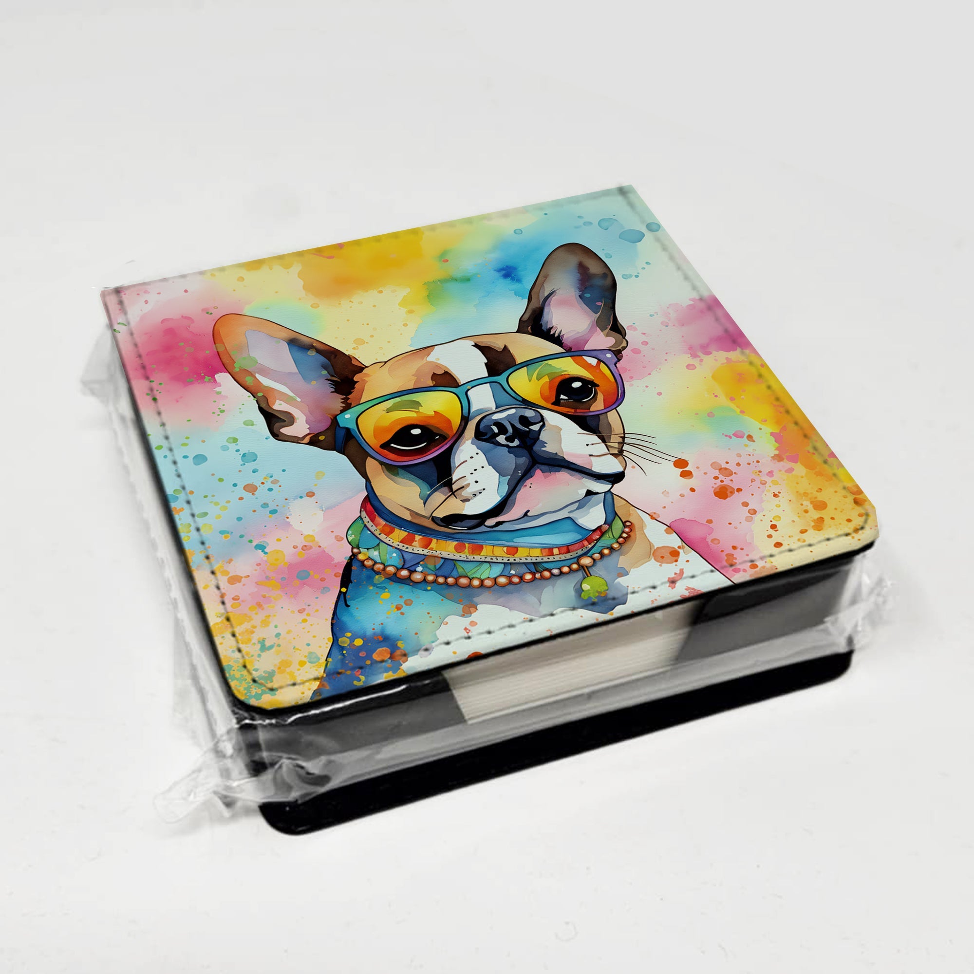 Boston Terrier Hippie Dawg PU Leather Note Paper Holder with Artist-Designed Cover, Desk Accessory, Office Gift