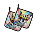 Boston Terrier Hippie Dawg Pot Holder Set of 2 Heat Resistant Quilted Hot Pads 7.5 x 7.5 Inch, Insulated Kitchen Trivets for Cooking & Baking