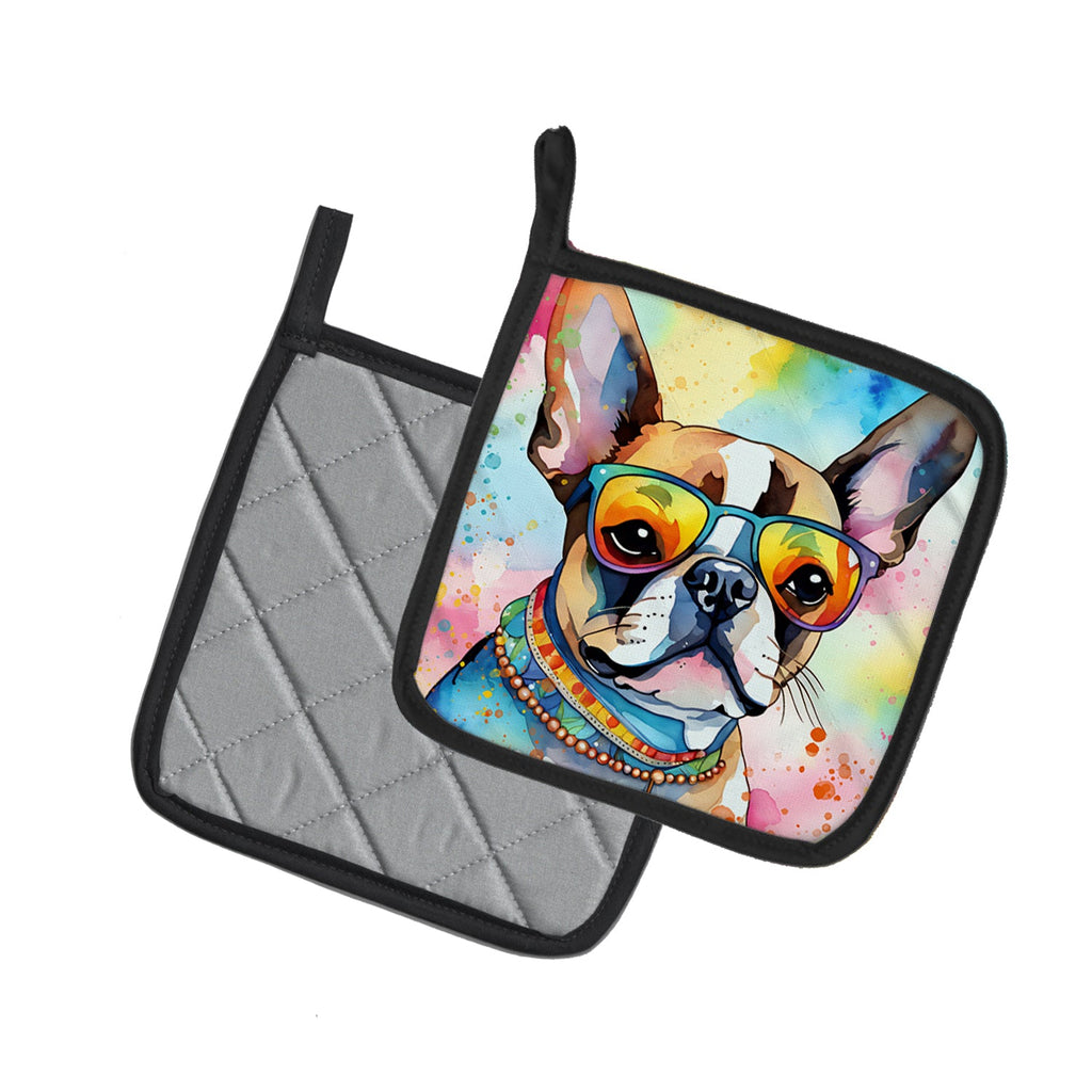 Boston Terrier Hippie Dawg Pot Holder Set of 2 Heat Resistant Quilted Hot Pads 7.5 x 7.5 Inch, Insulated Kitchen Trivets for Cooking & Baking