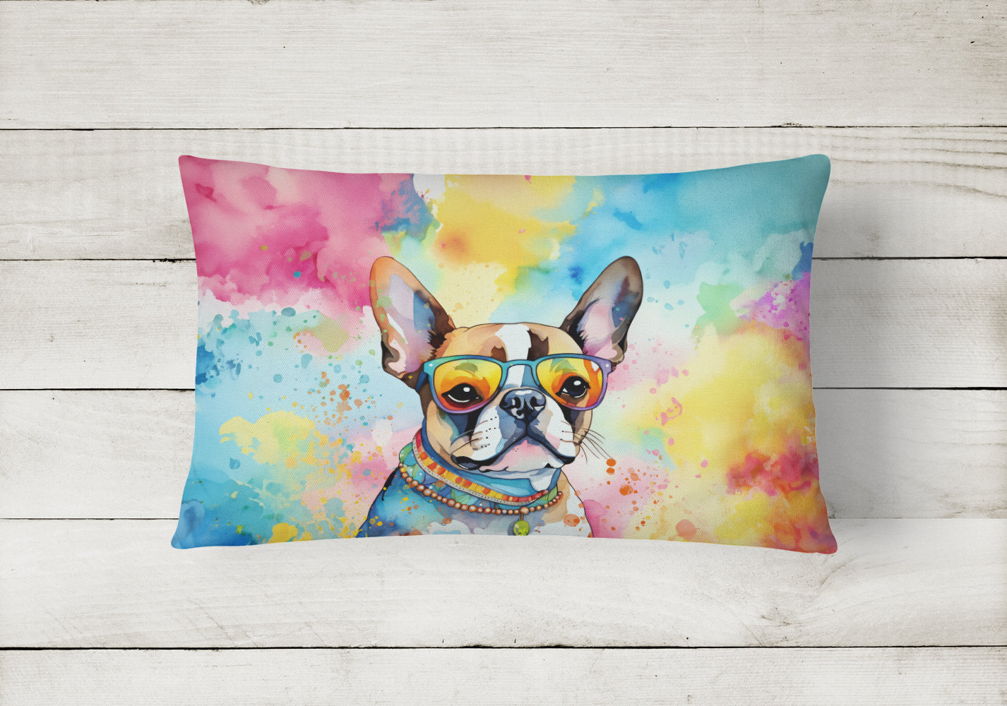 Boston Terrier Hippie Dawg Decorative Throw Pillow 12x16 Indoor Outdoor Accent Cushion, Fabric Cover with Insert for Sofa, Bed, Porch & Living Room