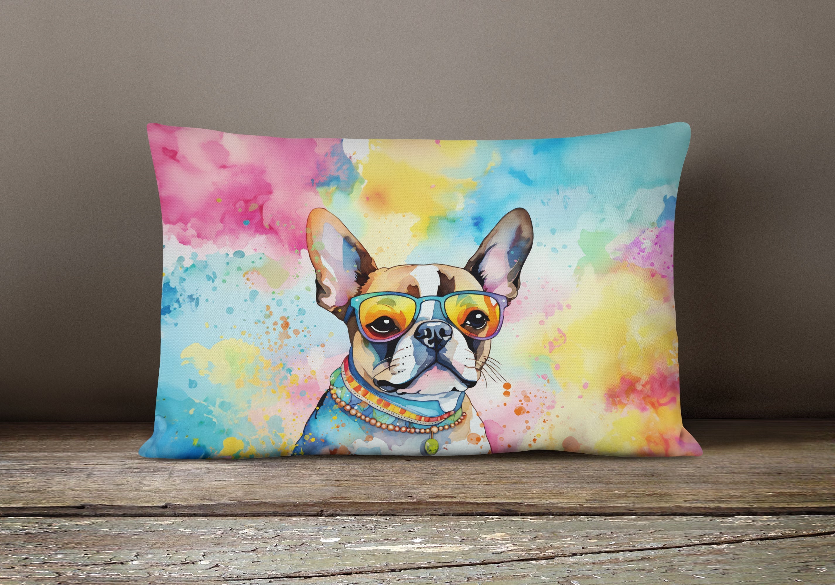 Boston Terrier Hippie Dawg Decorative Throw Pillow 12x16 Indoor Outdoor Accent Cushion, Fabric Cover with Insert for Sofa, Bed, Porch & Living Room