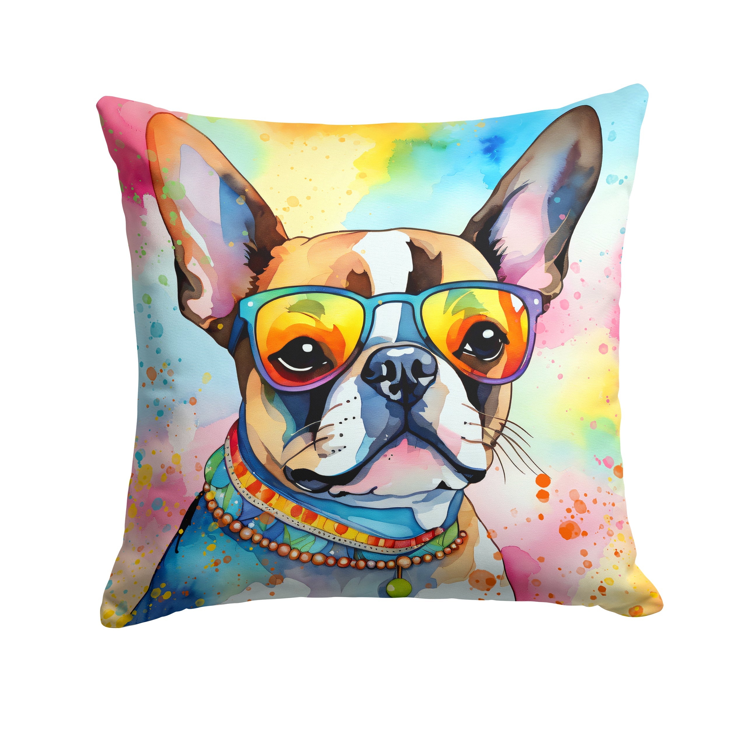 Boston Terrier Hippie Dawg Decorative Throw Pillow 14x14 Indoor Outdoor Accent Cushion, Fabric Cover with Insert for Sofa, Bed, Porch & Living Room