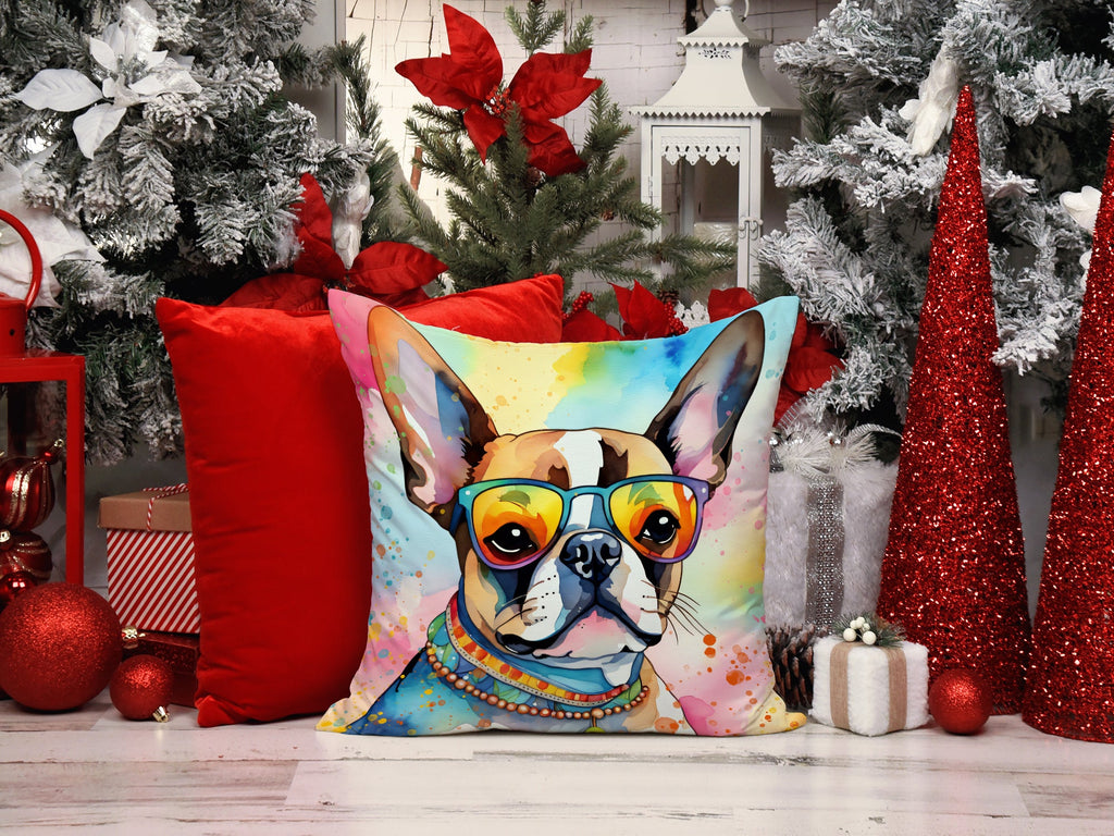 Boston Terrier Hippie Dawg Decorative Throw Pillow 14x14 Indoor Outdoor Accent Cushion, Fabric Cover with Insert for Sofa, Bed, Porch & Living Room