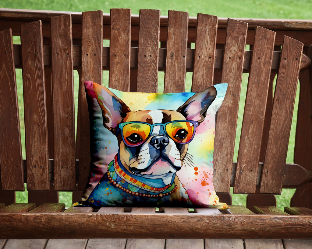 Boston Terrier Hippie Dawg Decorative Throw Pillow 14x14 Indoor Outdoor Accent Cushion, Fabric Cover with Insert for Sofa, Bed, Porch & Living Room