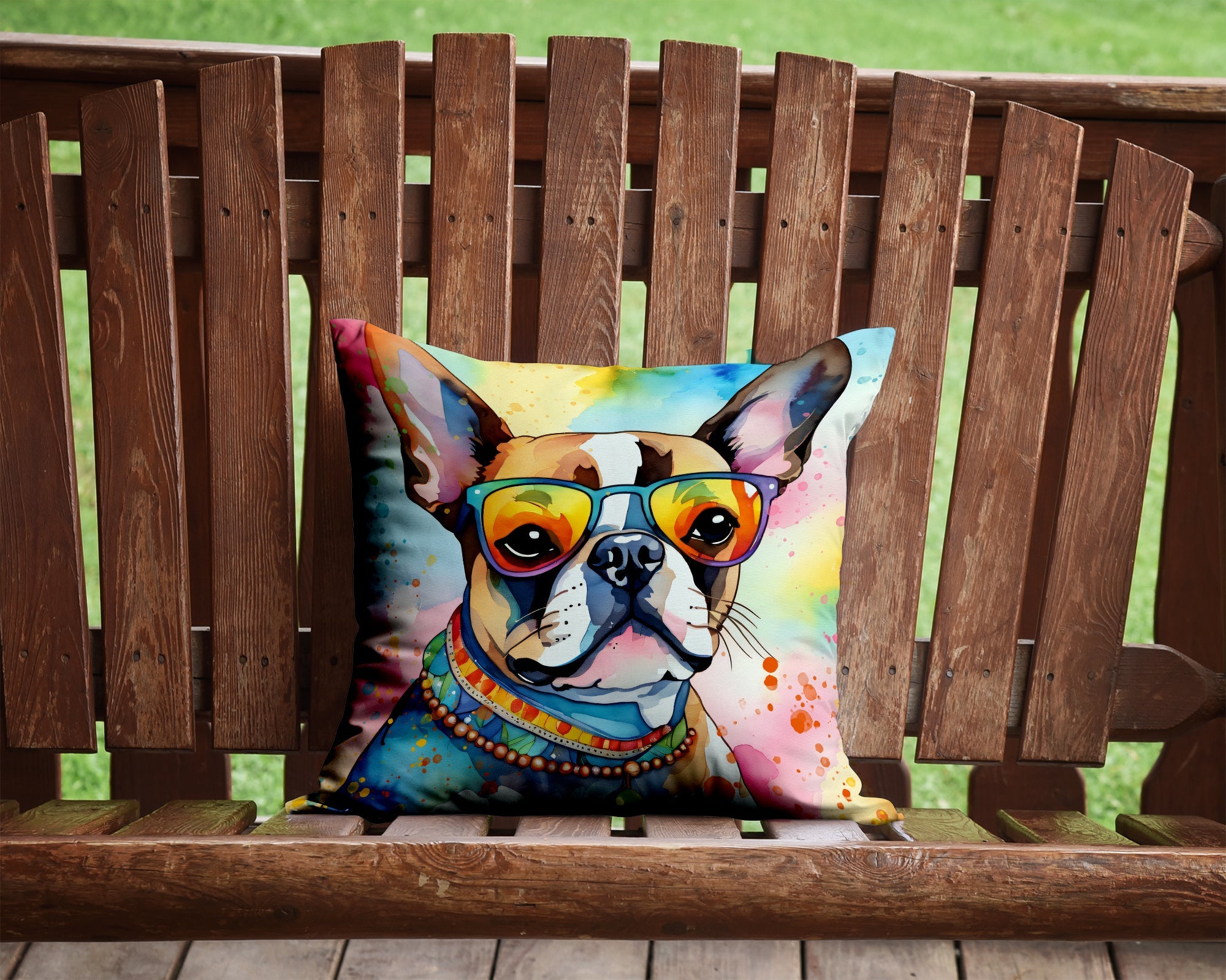 Boston Terrier Hippie Dawg Decorative Throw Pillow 14x14 Indoor Outdoor Accent Cushion, Fabric Cover with Insert for Sofa, Bed, Porch & Living Room