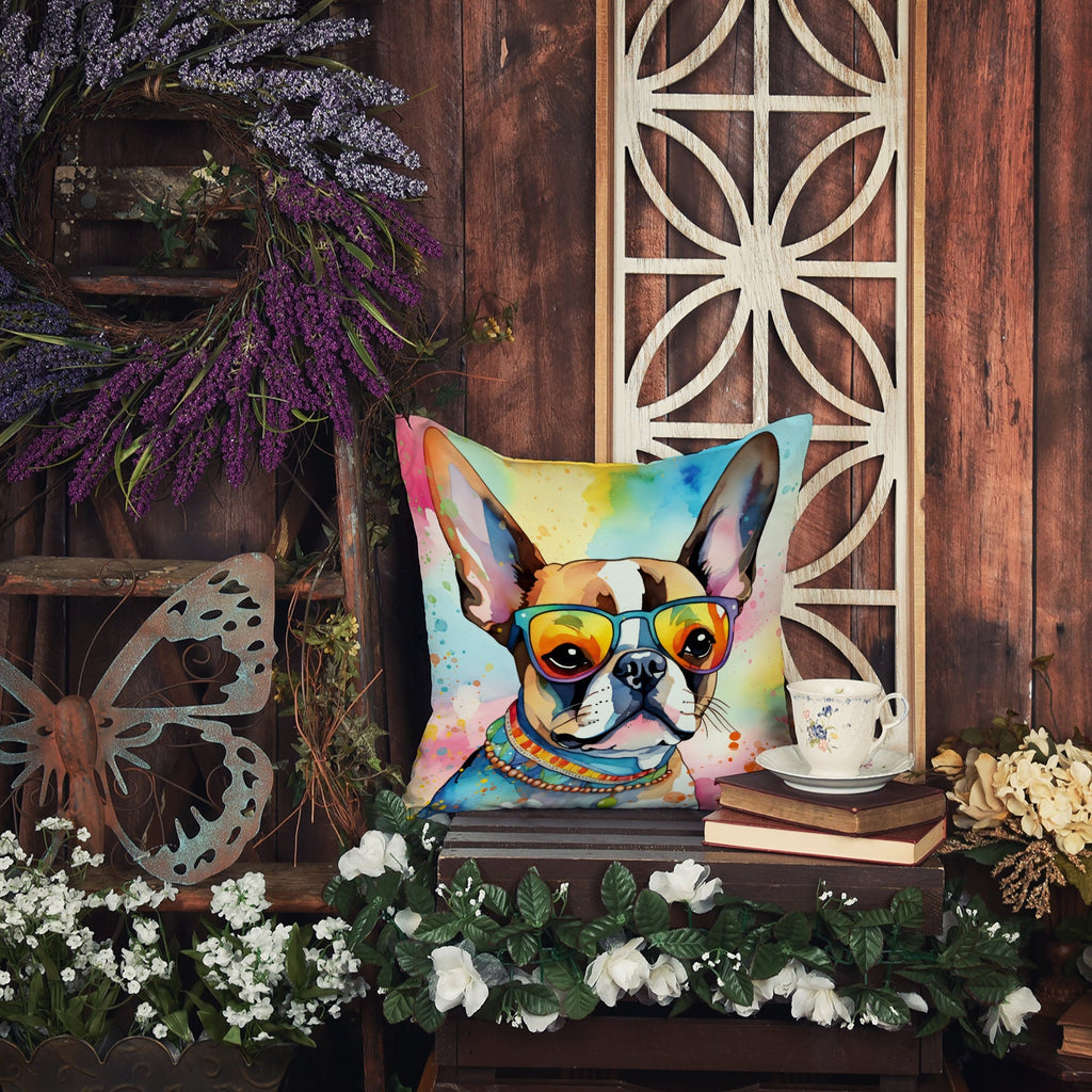 Boston Terrier Hippie Dawg Decorative Throw Pillow 18x18 Indoor Outdoor Accent Cushion, Fabric Cover with Insert for Sofa, Bed, Porch & Living Room