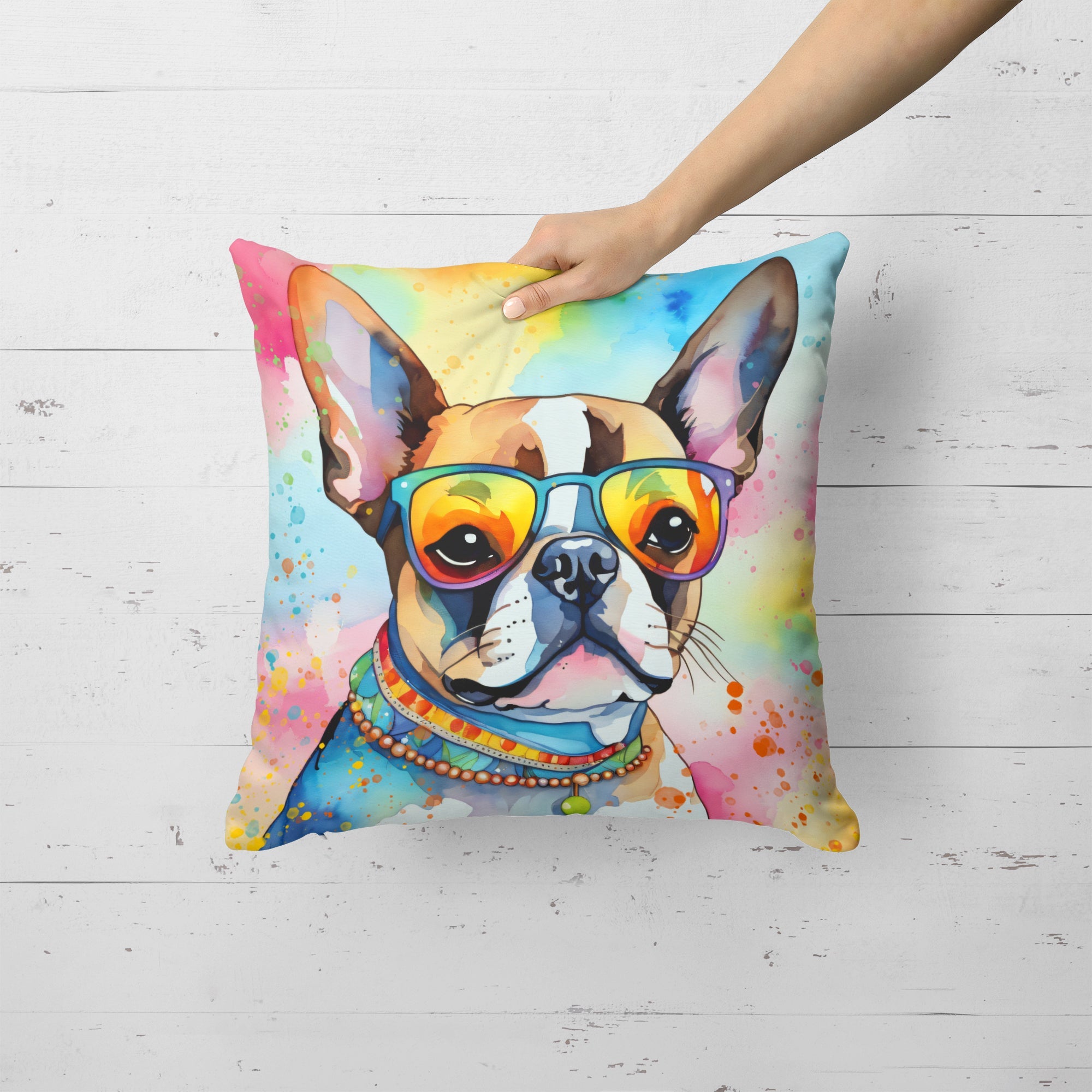 Boston Terrier Hippie Dawg Decorative Throw Pillow 18x18 Indoor Outdoor Accent Cushion, Fabric Cover with Insert for Sofa, Bed, Porch & Living Room