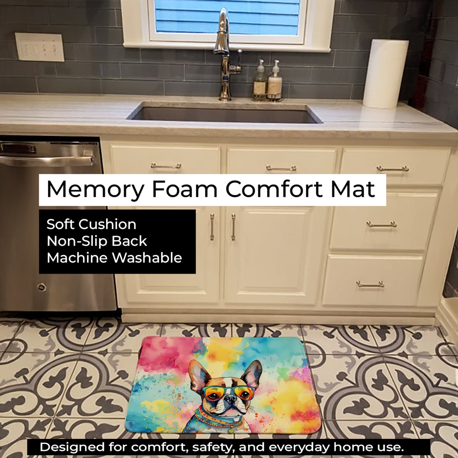 Boston Terrier Hippie Dawg Memory Foam Kitchen Mat Machine Washable Anti-Fatigue Cushion Comfort Bath or Kitchen Rug