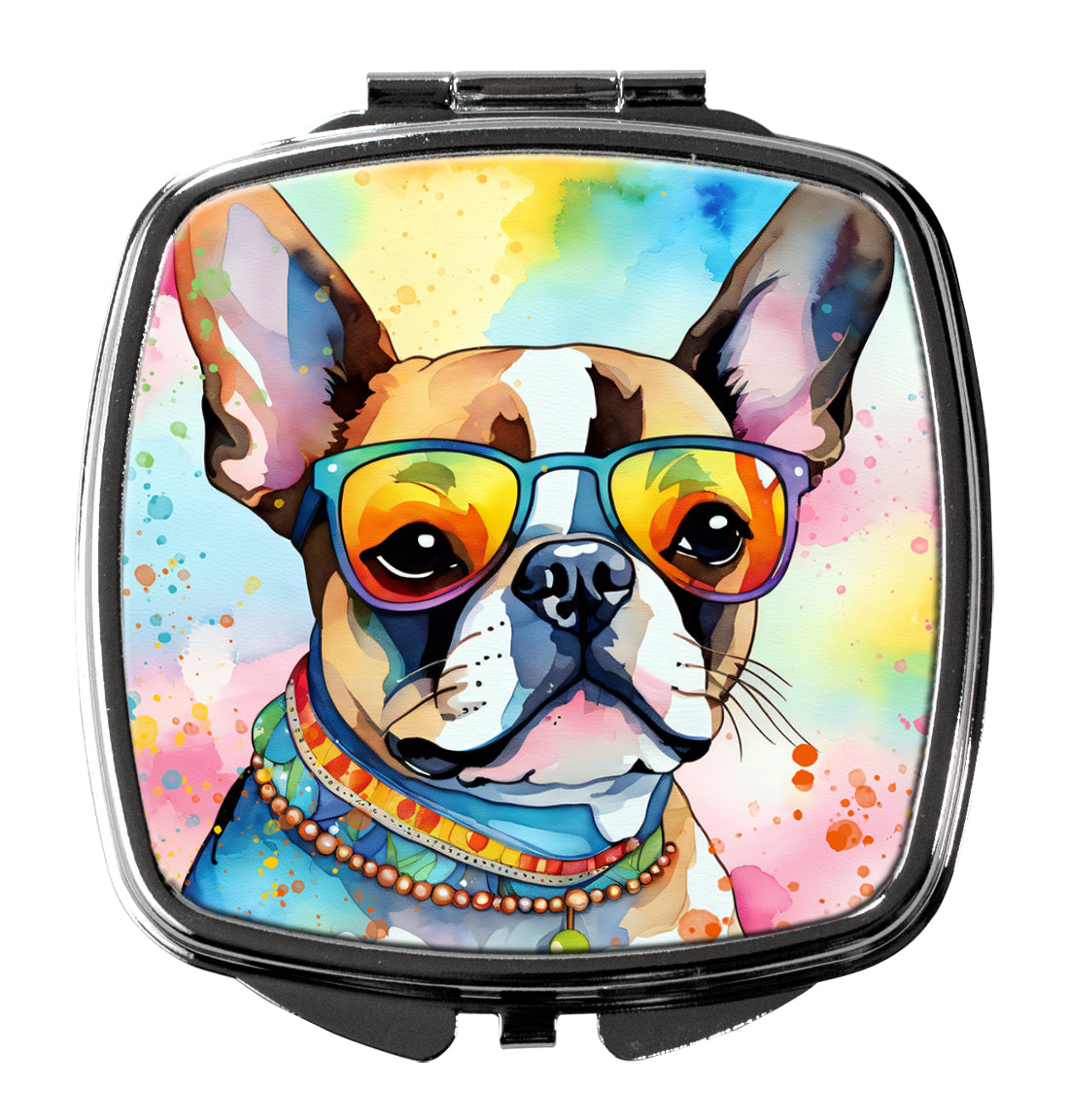 Boston Terrier Hippie Dawg Compact Mirror Decorative Travel Makeup Mirror for Women Girls Gifts Pocket Makeup Mirror Folding Handheld