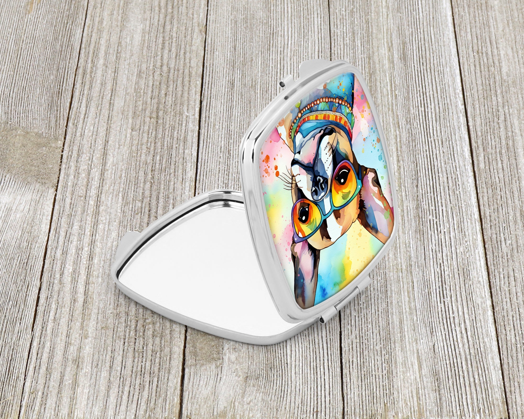 Boston Terrier Hippie Dawg Compact Mirror Decorative Travel Makeup Mirror for Women Girls Gifts Pocket Makeup Mirror Folding Handheld