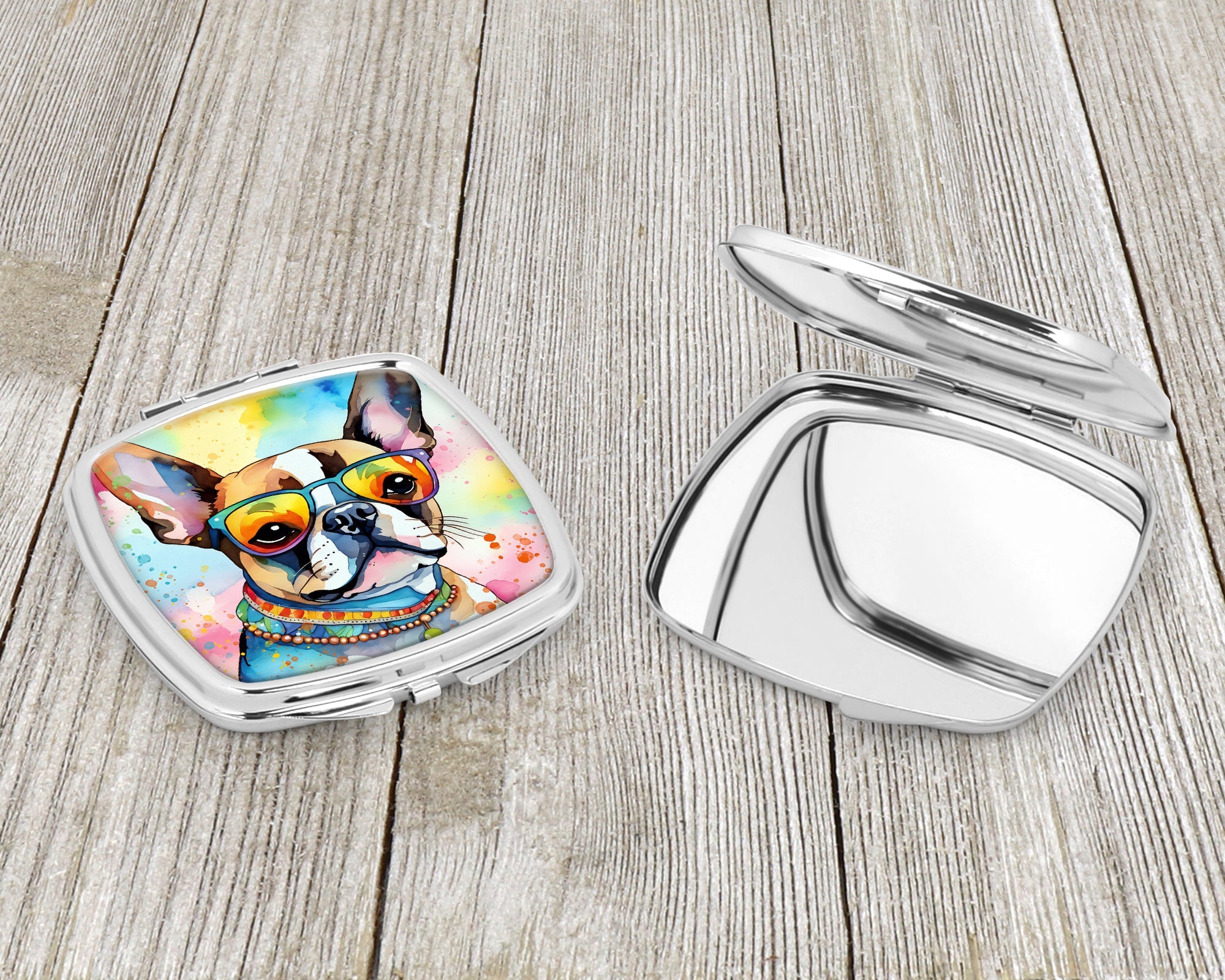 Boston Terrier Hippie Dawg Compact Mirror Decorative Travel Makeup Mirror for Women Girls Gifts Pocket Makeup Mirror Folding Handheld