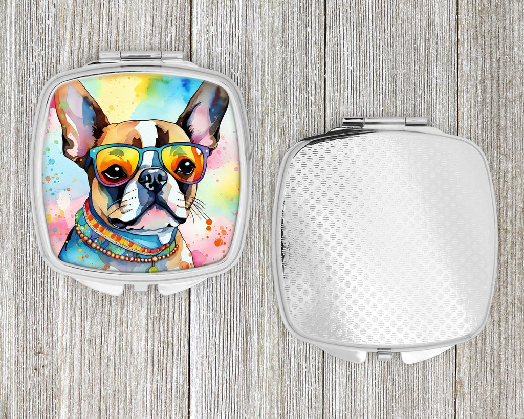 Boston Terrier Hippie Dawg Compact Mirror Decorative Travel Makeup Mirror for Women Girls Gifts Pocket Makeup Mirror Folding Handheld