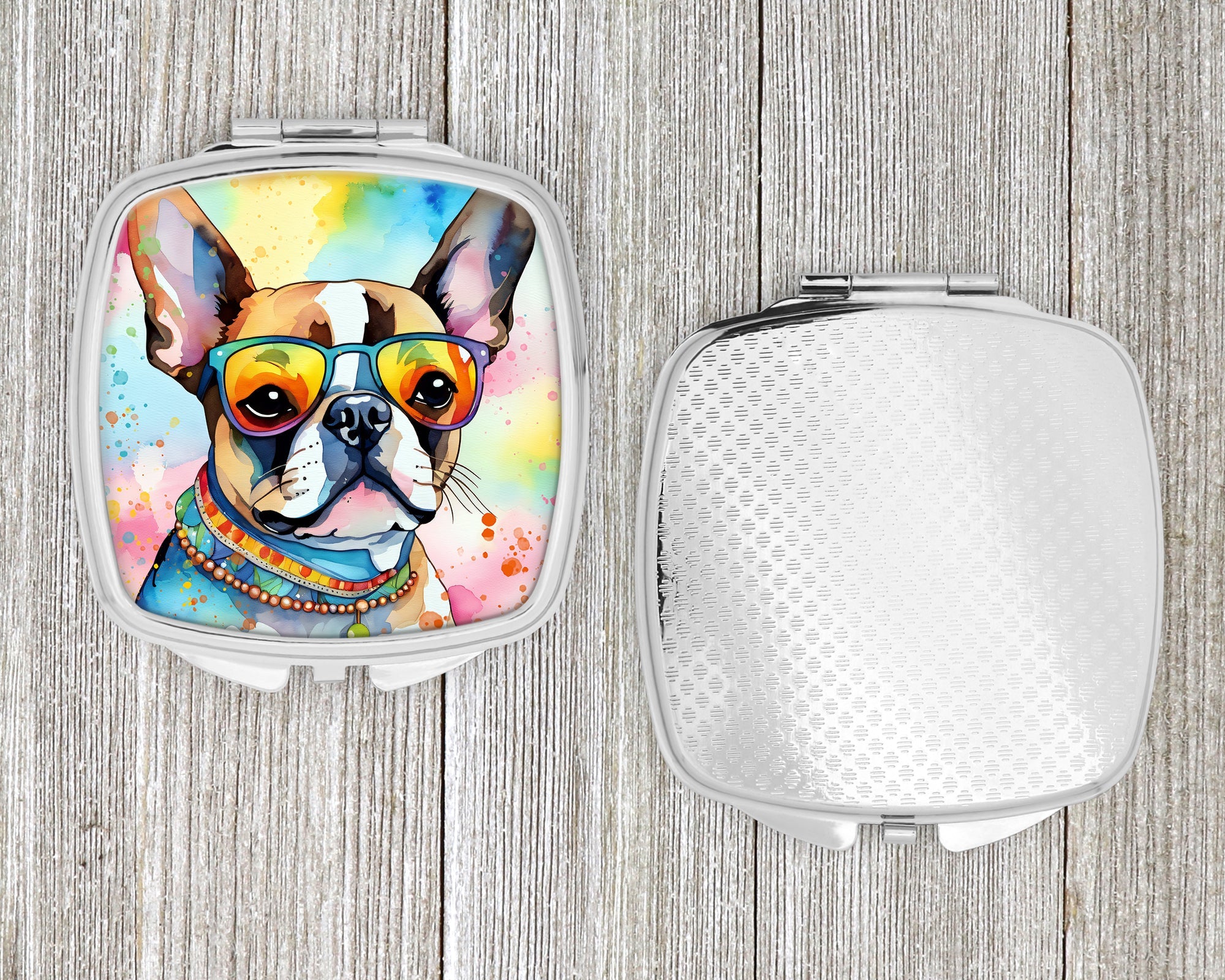 Boston Terrier Hippie Dawg Compact Mirror Decorative Travel Makeup Mirror for Women Girls Gifts Pocket Makeup Mirror Folding Handheld