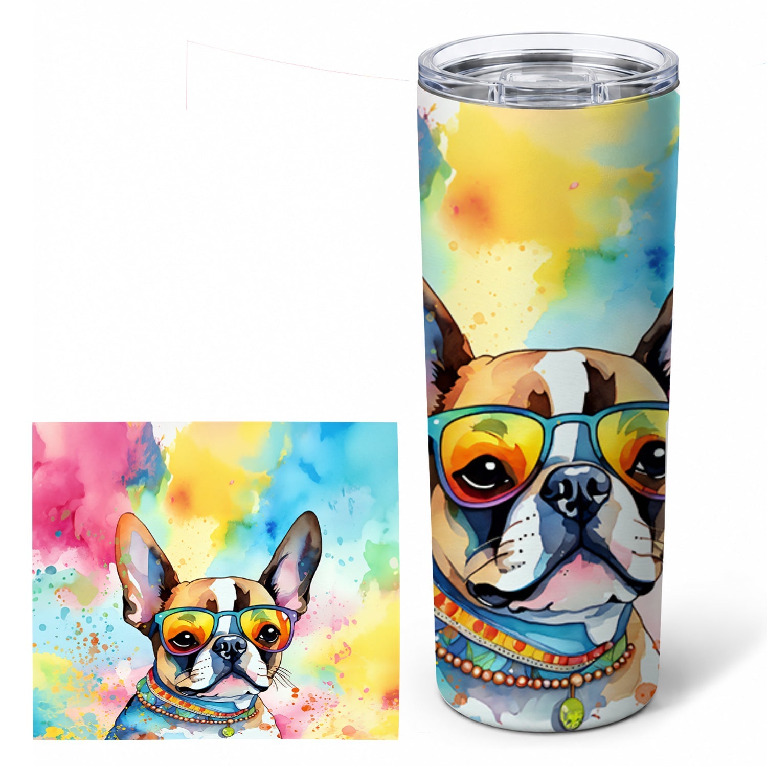 Boston Terrier Hippie Dawg Stainless Steel Skinny Tumbler 20 oz Vacuum Double Walled Reusable Insulated Travel Cup