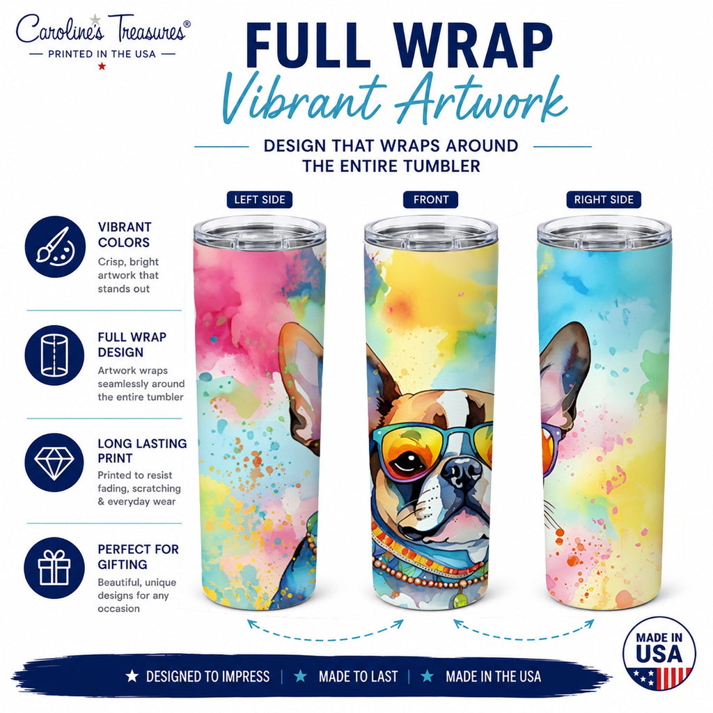 Boston Terrier Hippie Dawg Stainless Steel Skinny Tumbler 20 oz Vacuum Double Walled Reusable Insulated Travel Cup