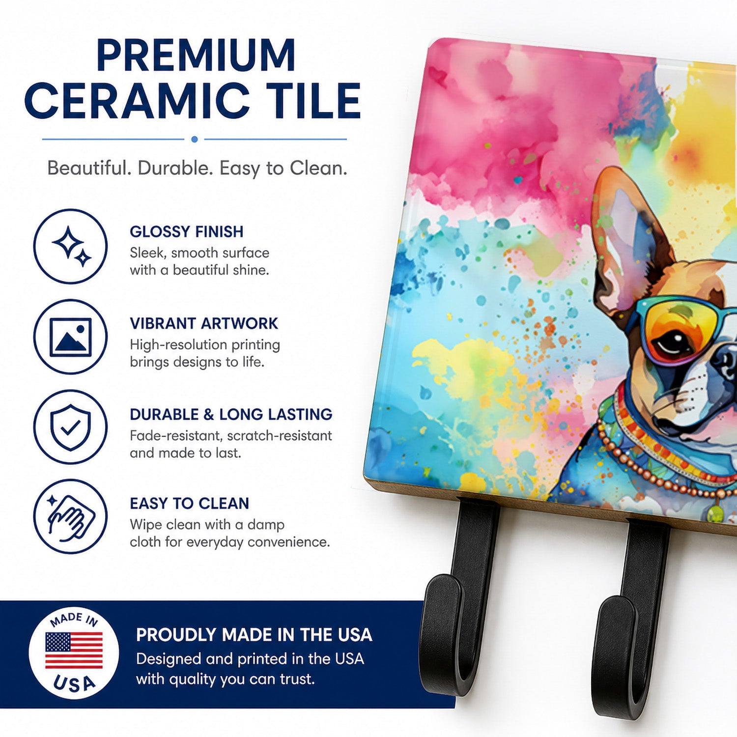 Boston Terrier Hippie Dawg Leash or Key Holder Wall Hooks, Coat Rack Wall Mount, for Hanging Keys, Towels, Aprons, Leashes