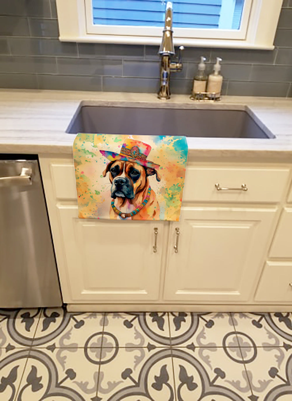 Boxer Hippie Dawg Kitchen Towel Velour Plush Front and Cotton Loop Back Machine Washable