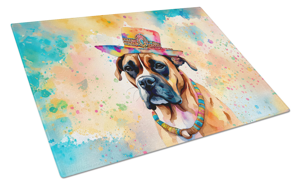 Boxer Hippie Dawg Cutting Board Tempered Glass Kitchen Cutting Surface, Heat Resistant Chopping, Non-Slip Feet, Food Prep & Serving